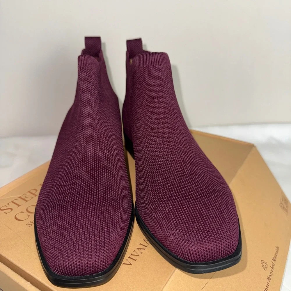VIVAIA Burgundy Knit Pointed‎ Toe Chelsea Boots Women's Size US 7.5 EU 38.5
